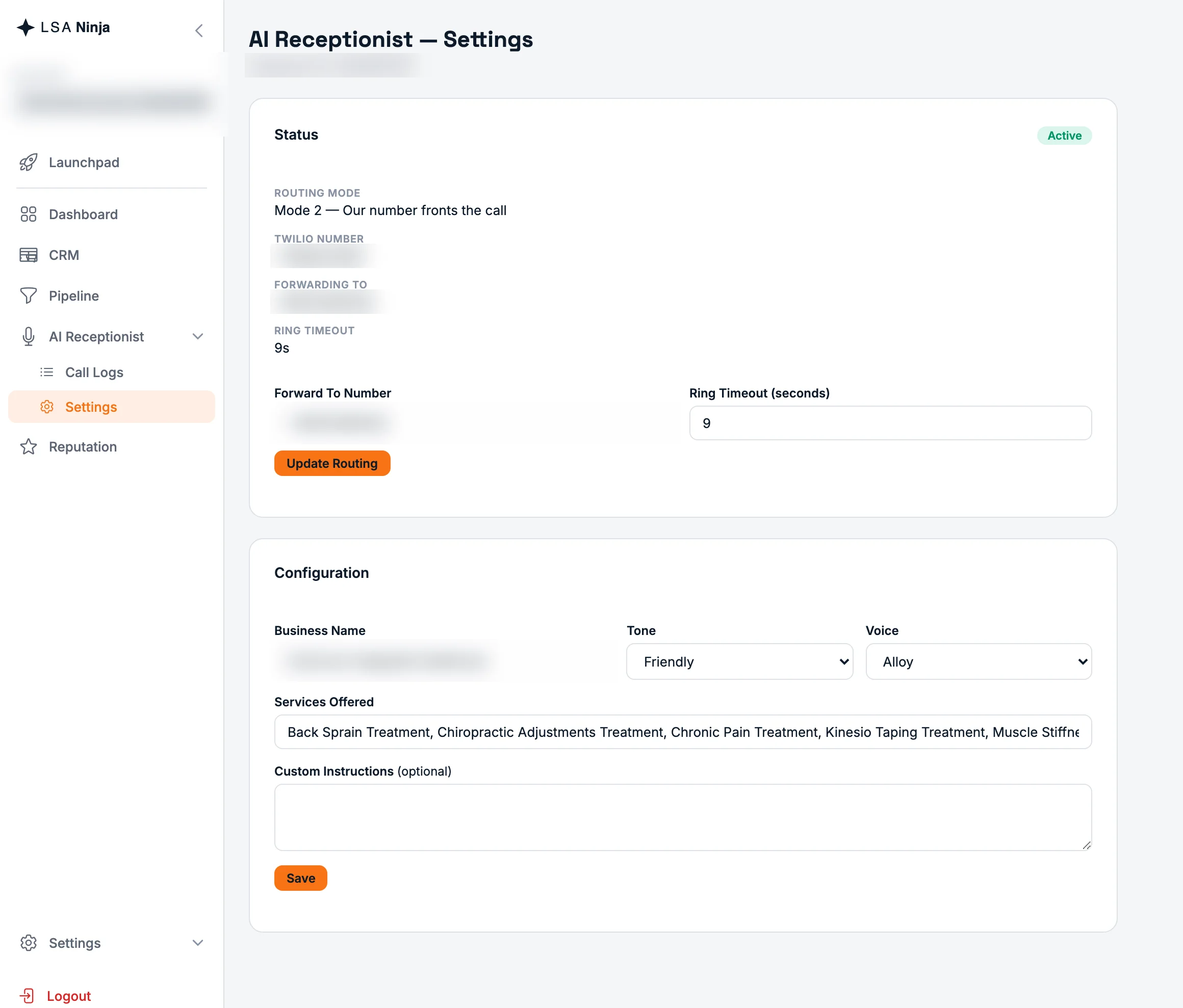 AI Receptionist settings — routing, ring timeout, tone, and voice controls