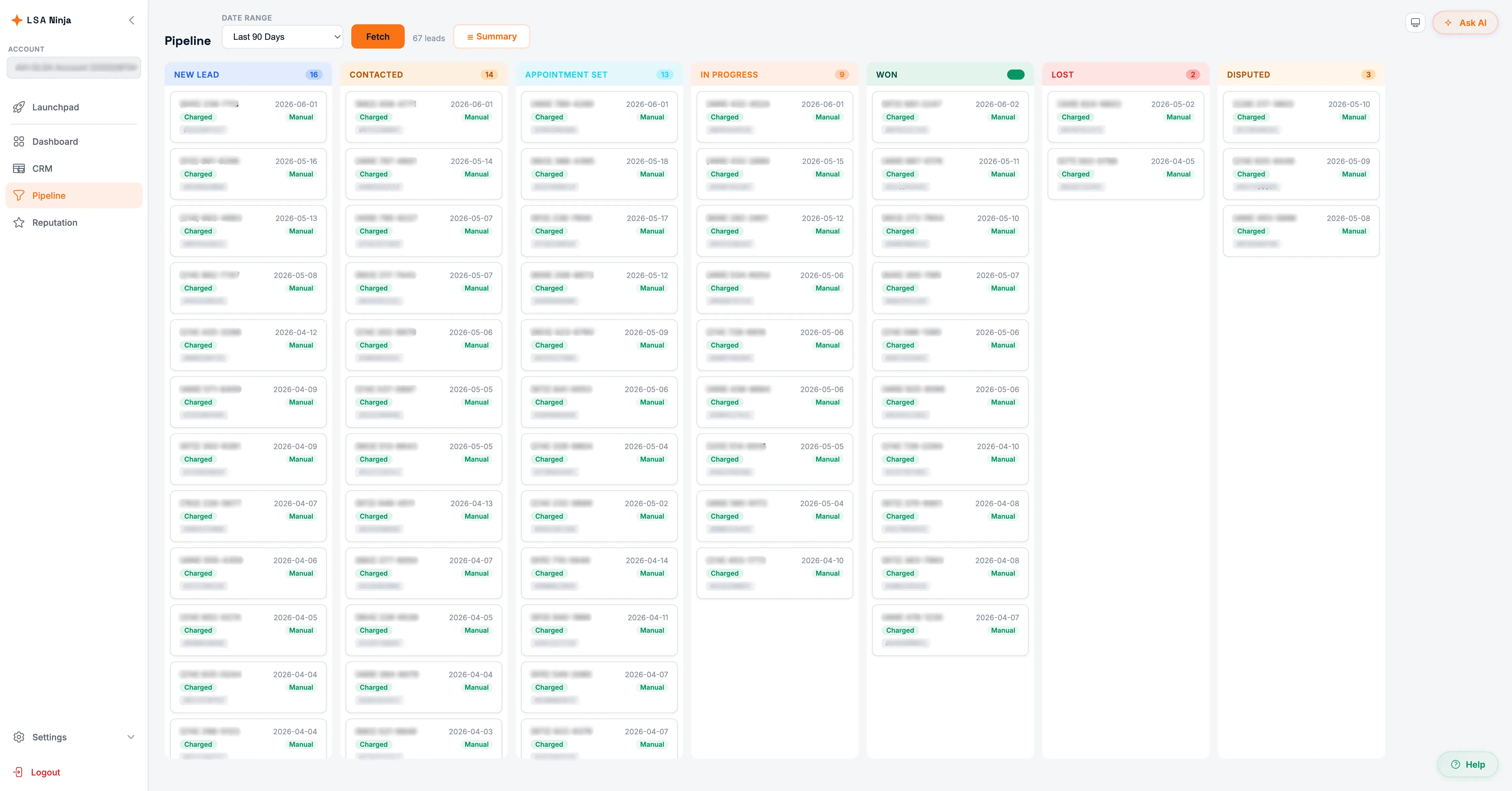 Pipeline kanban board showing leads across stages
