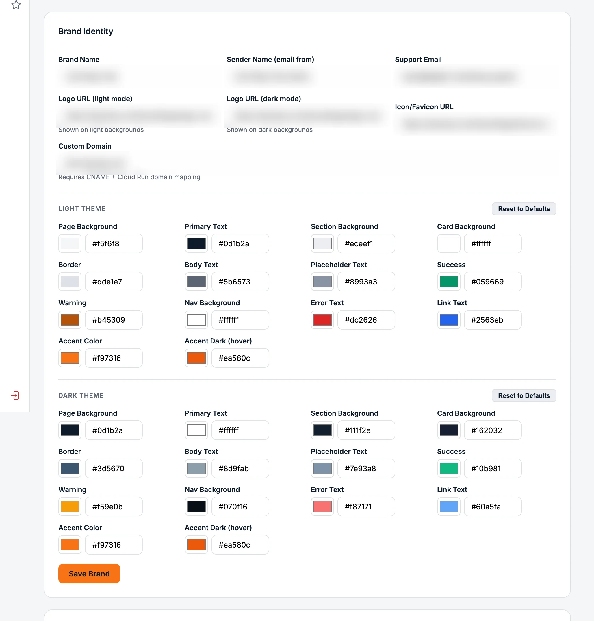 Brand identity settings — custom domain, logo, and full light/dark theme color controls