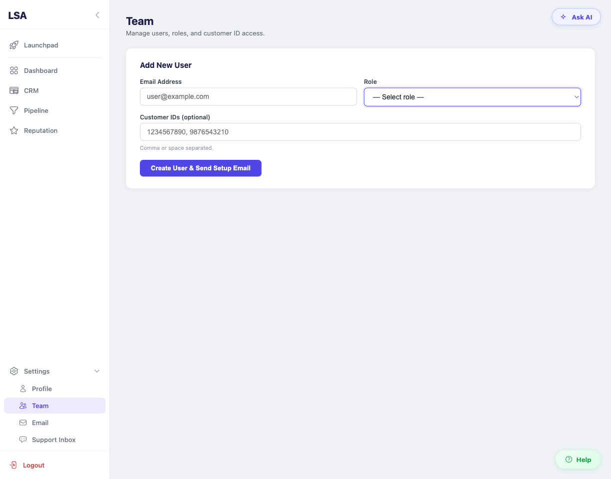 White-label team management showing role scoping